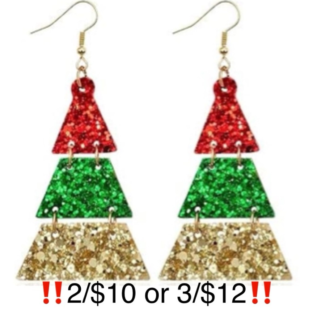 Christmas Tree Earrings Red Green Gold Glitter Faux Leather Dangling Novelty